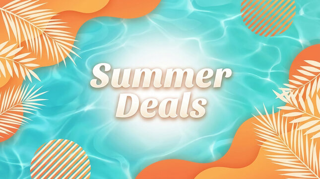 Water surface with palm leaves and abstract shapes, representing summer deals and tropical vacation, ideal for promotional material.
