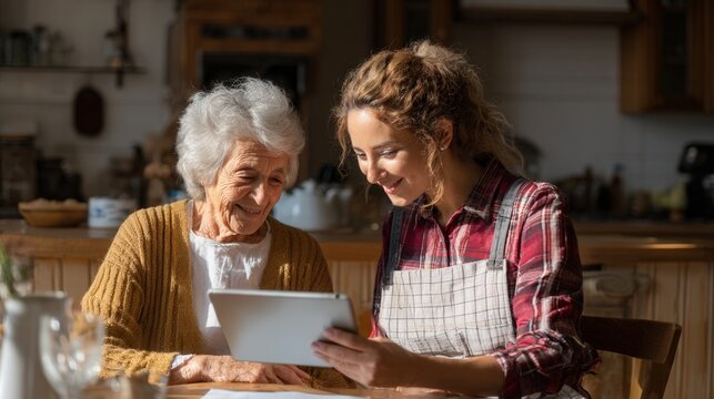 Family shares happiness baking together. Smiling grandmother and daughter prepare delicious treats jointly. Grandmother and her daughter happily create sweet delights amid bright sunny weather