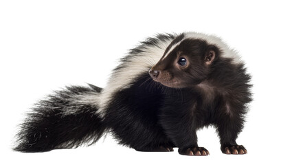 Naklejka premium Striped juvenile skunk standing looking to the side with fluffy fur