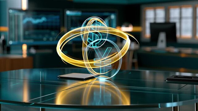 Financial symbols of dollar and yen with glowing motion graphics rotating above a modern glass table in a contemporary office environment