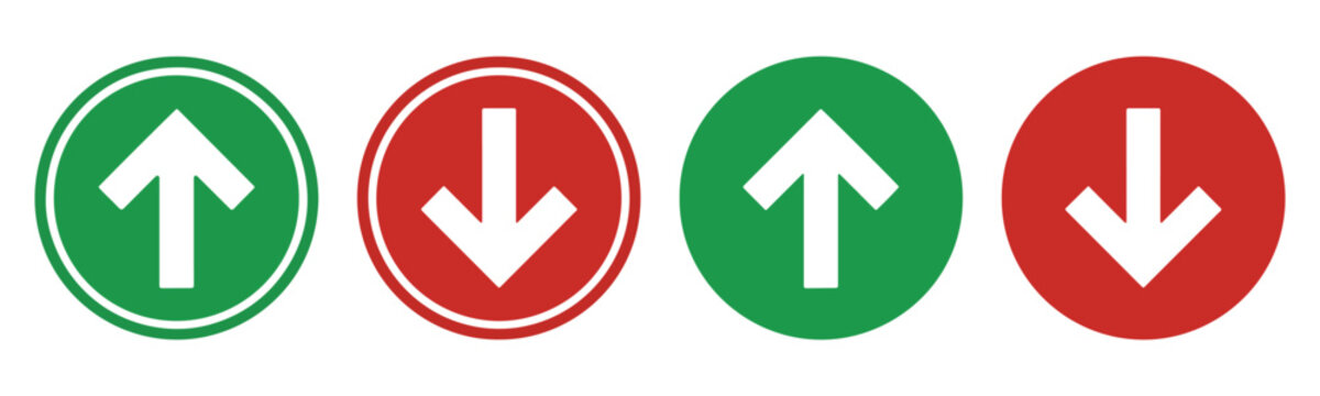 Set of green up and red down arrow circle icons for business navigation and data analysis signs