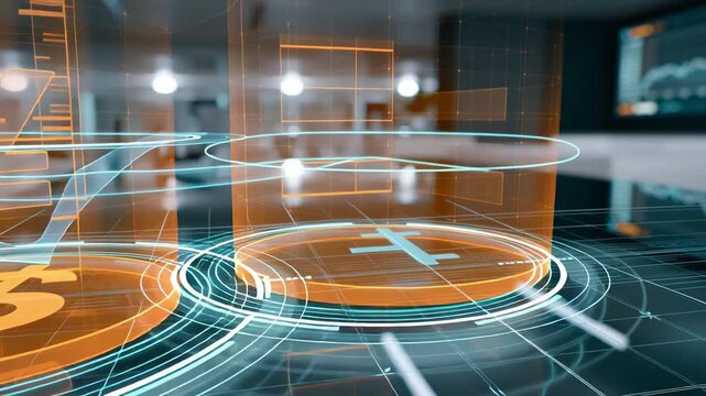 Digital financial interface displaying animated currency symbols and data analytics on a sleek glass table in a modern office environment with charts in the background