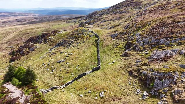 Panoramic Aerial Pan of Rugged Mountain Hillside, Capel Curig, Eryri (Snowdonia)