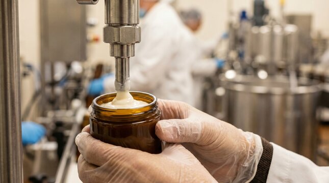 Cream being dispensed into amber glass jars by automated filling machine in a laboratory setting