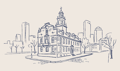 Fototapeta premium Vector line art of a vintage building.Old Building In Boston City.