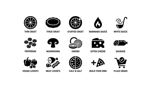 Pizza menu ingredient icons showing crusts and toppings grid
