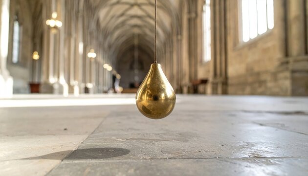 Polished brass plumb bob suspended from a thin wire inside a historic stone cathedral, showing precise vertical alignment and balanced equilibrium in a cinematic wide angle architectural shot.