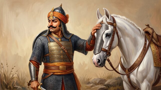 Oil painting style portrait of a rajput warrior king standing beside a white horse in historical maharana pratap