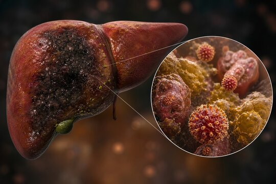 3d medical illustration of diseased liver with necrotic surface, yellow-green bilirubin deposits, inset showing hepatitis virus attacking liver cells, viral hepatitis, liver failure, and jaundice