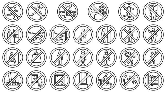 Vector Icons Set of Industrial Safety Prohibition Signs and Warning Icons.