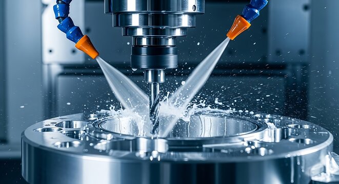 CNC milling spindle drills into steel with high-pressure coolant splashing. Macro shot highlights precision engineering. Ideal for industrial manufacturing marketing materials.