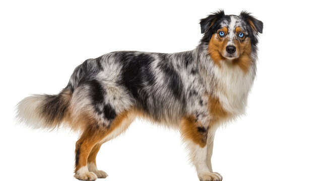 Blue Merle Australian Shepherd Standing Alert with Fluffy Fur