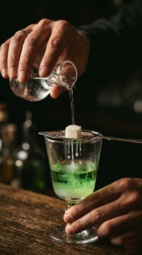 Bartender preparing absinthe by pouring water over sugar cube on slotted spoon