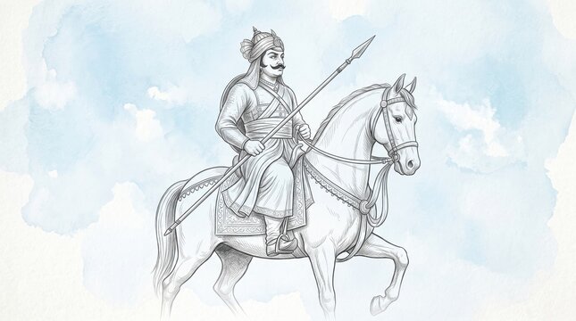 Pencil of an indian rajput warrior king riding a horse holding a long spear rider maharana pratap