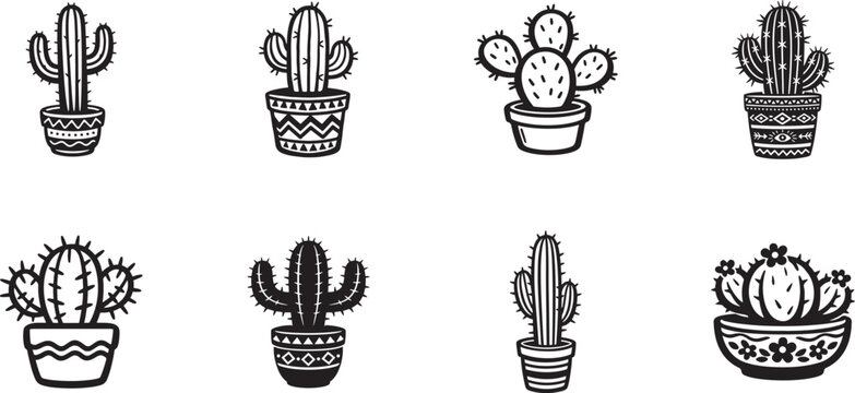 Doodle cactus in pot icon set featuring hand drawn succulent plants in cute vector style.