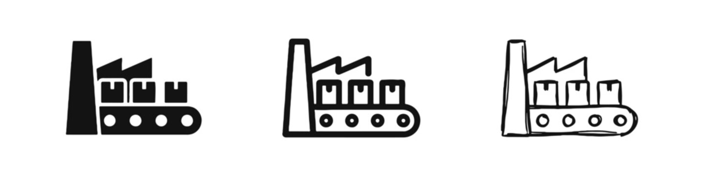 Industrial factory with conveyor belt and boxes icon in glyph, outline and hand drawn sketch styles