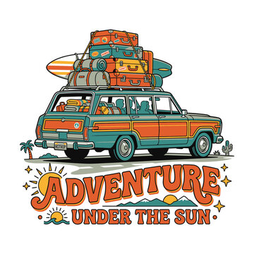 Retro station wagon car loaded with luggage for a summer road trip Design