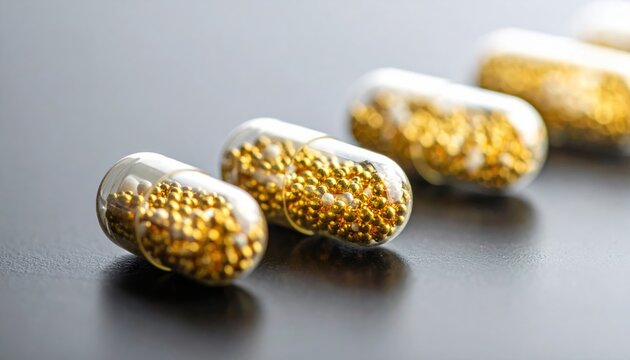 Clear Gelatin Medical Capsules Filled with Tiny Gold and White Beads Lined Up on a Dark Reflective Surface, Cinematic Widescreen View of Pharmaceutical Supplements for Health and Wellness Marketing.