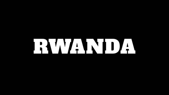Bold white Rwanda text on a dark background with clean animation, representing country identity, African culture, and travel destination concept.