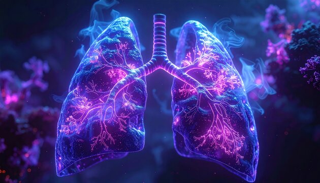 Glowing holographic human lungs, pulmonary system visualization with intricate neon bronchial structures and radiant violet light particles for advanced medical research and diagnostic science display