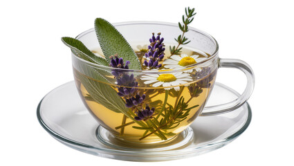 Clear glass cup filled with herbal tea and fresh lavender sage, chamomile © Paula