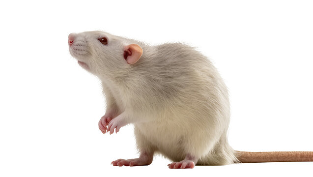 Pale fluffy domestic rat standing with pink nose and long tail