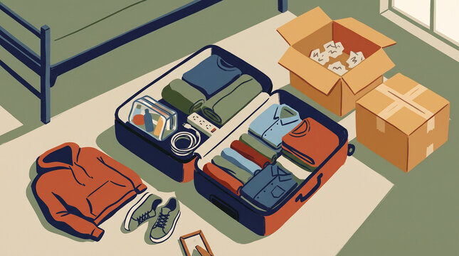 Packed suitcase and moving boxes in room with natural light  