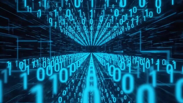 Abstract blue binary code tunnel in digital data space