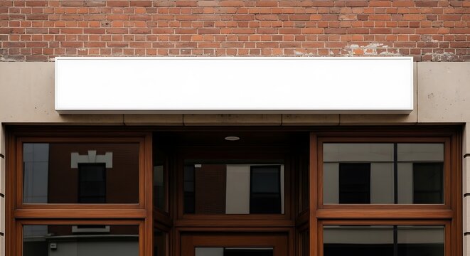 Blank rectangular signboard sits above a traditional wooden storefront with a red brick wall. The clean white surface offers space for logo integration for retail store branding mockups.