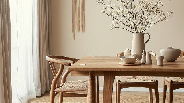 Bright Minimalist Scandinavian Dining Table Setup With Natural Wood Furniture and Ceramics