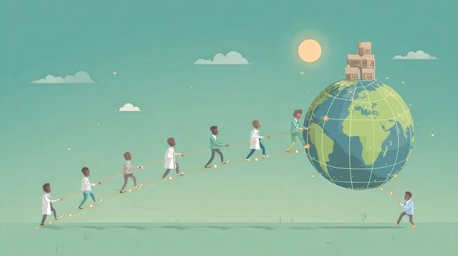 People collaborate to pull a globe across the landscape.