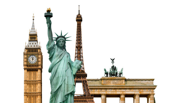 Liberty Statue alongside Eiffel Tower and Brandenburg Gate Landmark