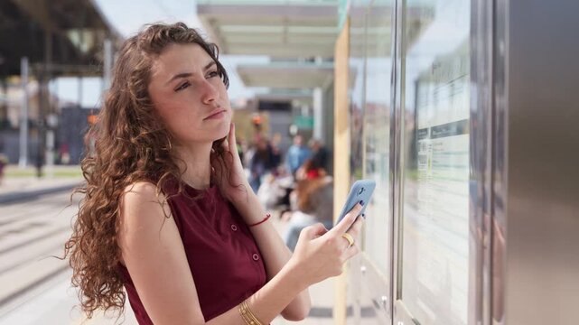 Confused woman checking timetable at tram stop