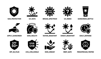 Fototapeta na wymiar Sunscreen and sun protection icons displayed on white background