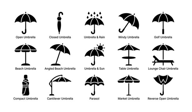 Umbrella icon set showing multiple umbrella types on white background
