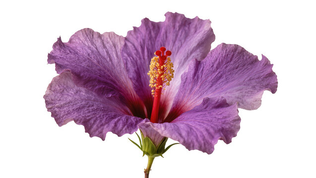 Deep purple Hibiscus flower with vibrant red stamen and green stem