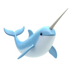 Fototapeta premium 3D cartoon narwhal in swimming pose, grayish blue body with long spiral tusk, soft shadows.