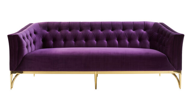 Plush purple velvet sofa with gold metal legs and tufted back