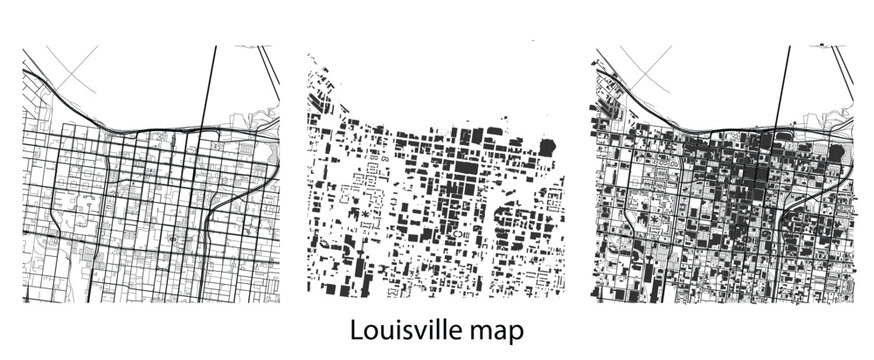 Louisville Kentucky City Map Vector Illustration | Minimalist Urban Street Plan and Building Footprint Silhouette Set for Modern Graphic Design and GIS Layouts