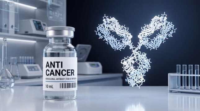 Anti-Cancer Medication Vial with Antibody Structure in a Laboratory Setting.