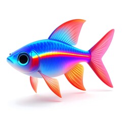 Fototapeta premium 3D cartoon neon tetra fish with small body, glowing blue and red stripes, translucent fins.