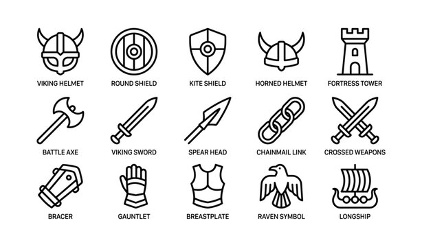 Viking weapon and armor icons grid on white background