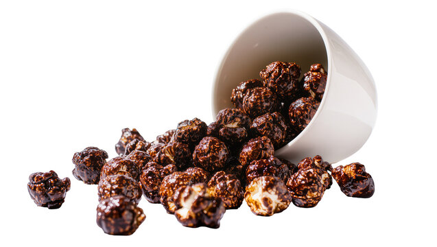 Chocolate Caramel Coated Popcorn Spilling from Ceramic Bowl