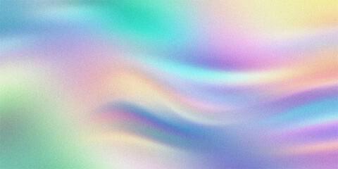 Holographic iridescent wavy background with pastel rainbow colors and grainy noise texture for futuristic graphic design art. © Md