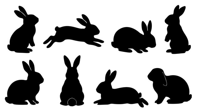 Black Rabbit Silhouette Collection with Cute Bunny Poses Cartoon Illustration Set