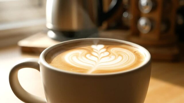 Close up of a freshly made cappuccino with latte art, steam rising, in a white ceramic mug, morning beverage