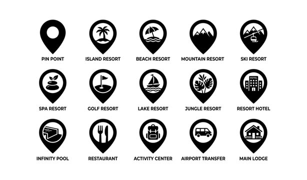 Location pin icons for resort types and hotel facilities map