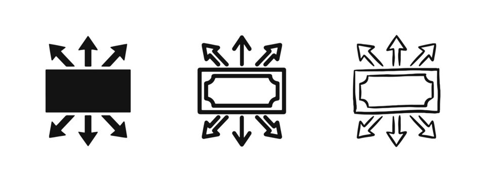 Money Distribution Icon Set Showing Banknote with Outward Arrows Solid Outline and Sketch Styles for Business Growth