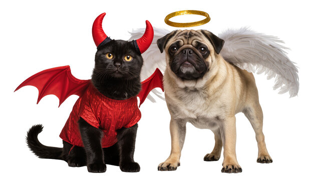 Black cat devil wings and beige pug angel wings halo