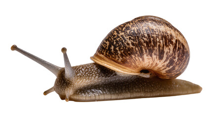 Brown patterned garden snail with extended antennae and moist body © Paula